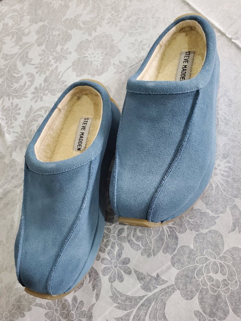 NIB 90s Y2K Steve Madden Women's Blue Suede Clog Slippers Sherpa Lining Size 7M